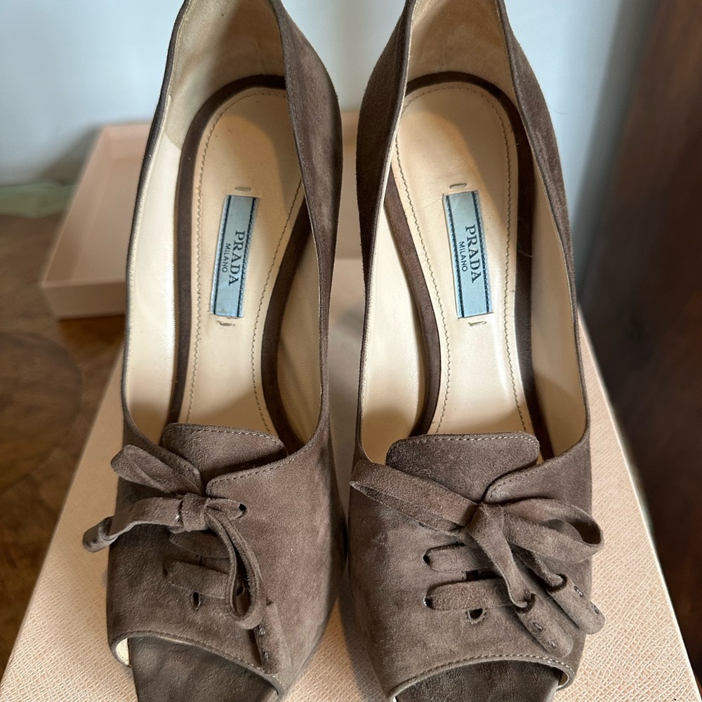 Prada Brown Suede Peep-Toe Lace-Up Platform Heels 9 9.5 EU 39.5 - Picture 3 of 16